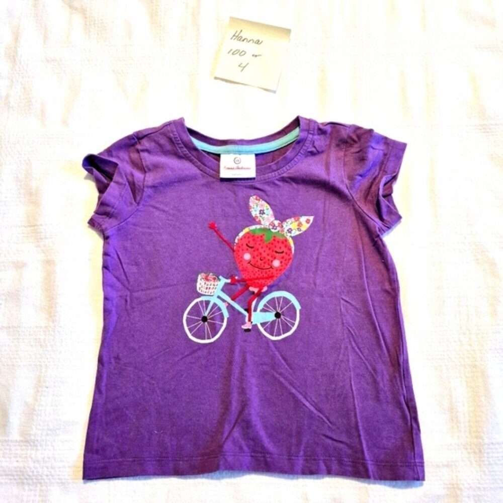 Hanna Andersson girls size 100 or 4 purple strawberry riding bike shirt VGUC